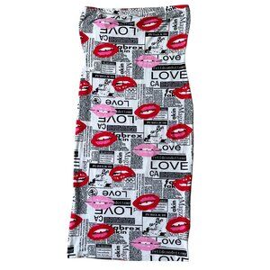 Y2K Poplar 21 Midi Dress Womens Large Strapless Newspaper Print Lips Love
